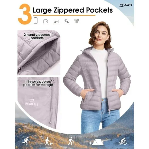 Women's Quilted Hooded Puffer Jacket Coat Pinkish Gray Lightweight Packable - Picture 4 of 7